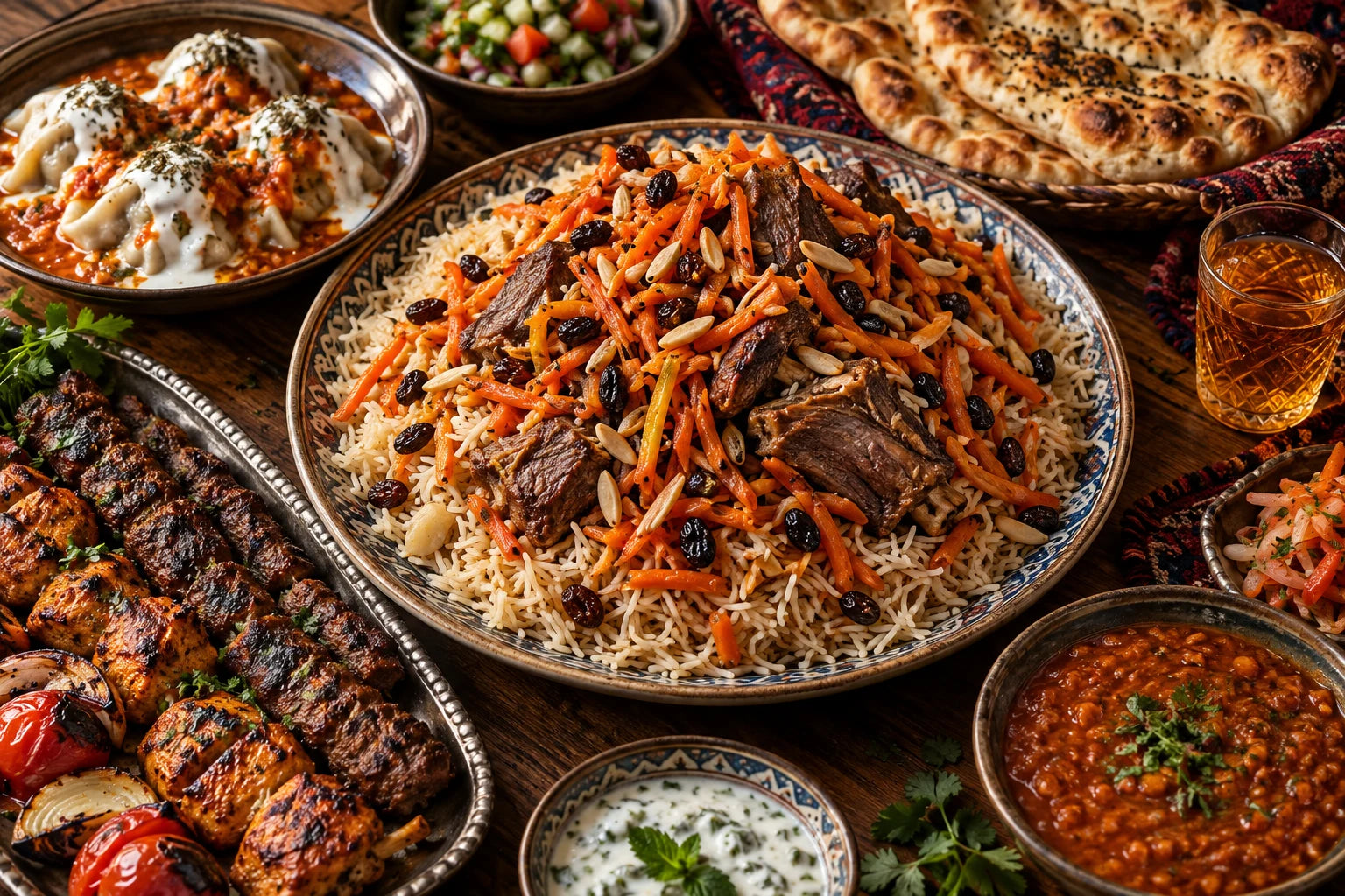 A generous Afghan meal of pulao, mantu, grilled kebabs and naan