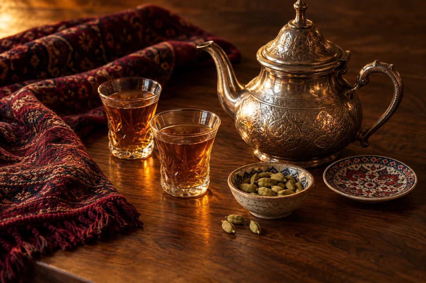 Warm amber tea beside a silver teapot and woven cloth